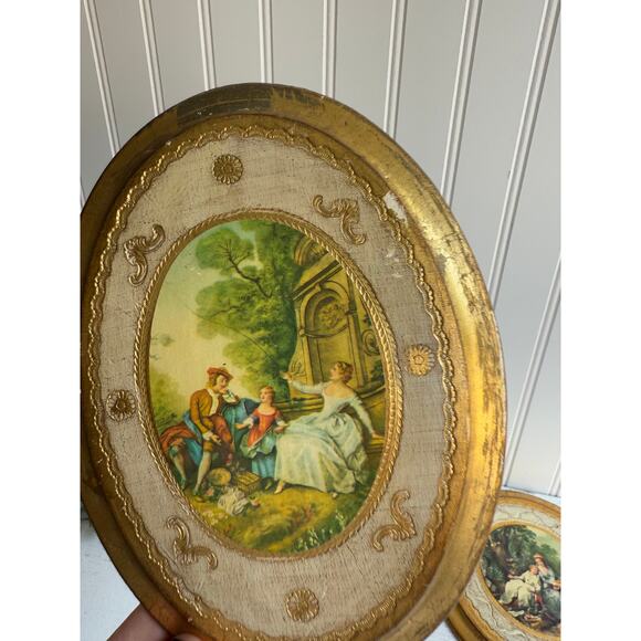 Vintage Italian Florentine Oval Wood Plaque Gold Gilt Rococo Garden Flying Kite - Picture 8 of 8